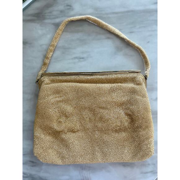 Le Goût du Jour Gold Beaded Swirl Rhinestone Filigree 50s Wrist Bag - Picture 6 of 10